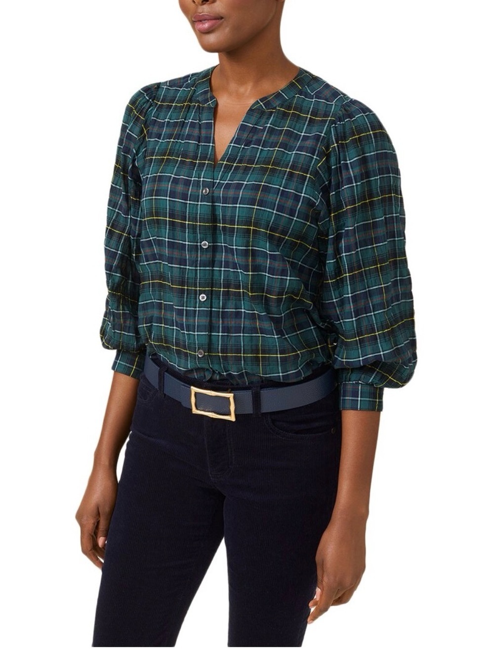 J. MCLAUGHLIN Megyn Green Plaid V Neck 3/4 Sleeve Blouse Size Small